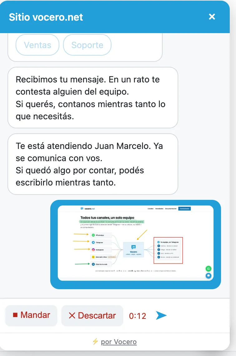 La nota de voz grabándose en el chat, con el reloj y los botones de mandar o descartar