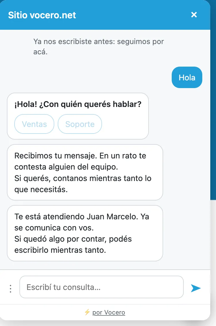 El arranque de la conversación: el saludo, los botones de área y el aviso de quién atiende