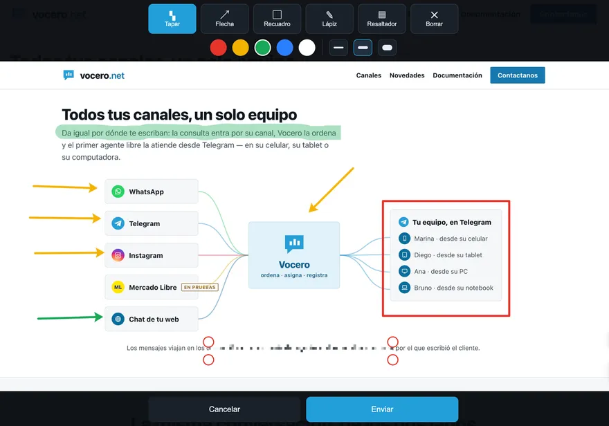 El editor de marcas sobre una captura: flecha, recuadro, resaltador y tapar