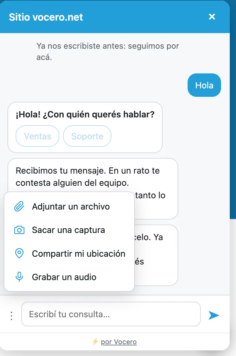 El menú del chat: adjuntar archivo, sacar una captura, compartir ubicación y grabar audio