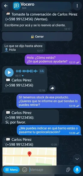 La misma conversación vista por el agente en Telegram