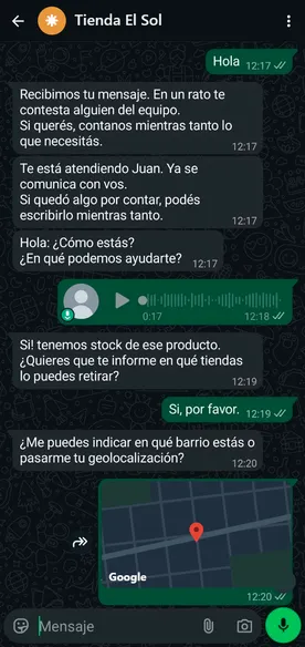 Conversación de un cliente con el negocio por WhatsApp