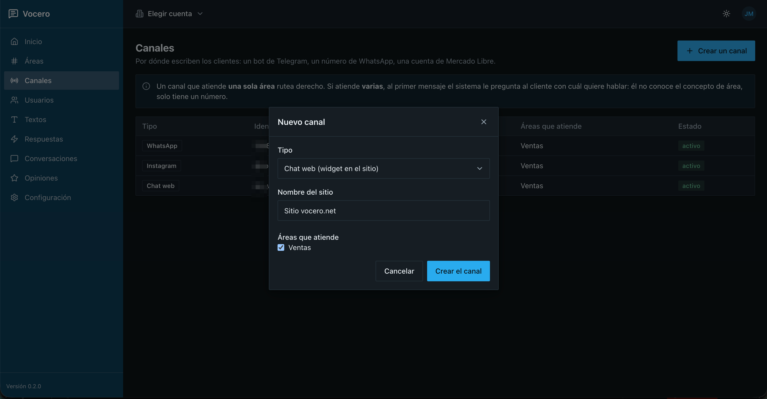 Crear el canal de chat web en el panel de Vocero