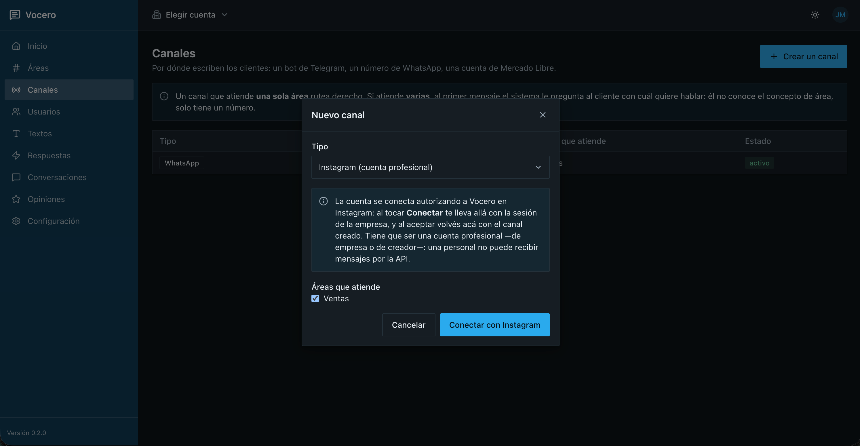 Crear el canal de Instagram en el panel de Vocero