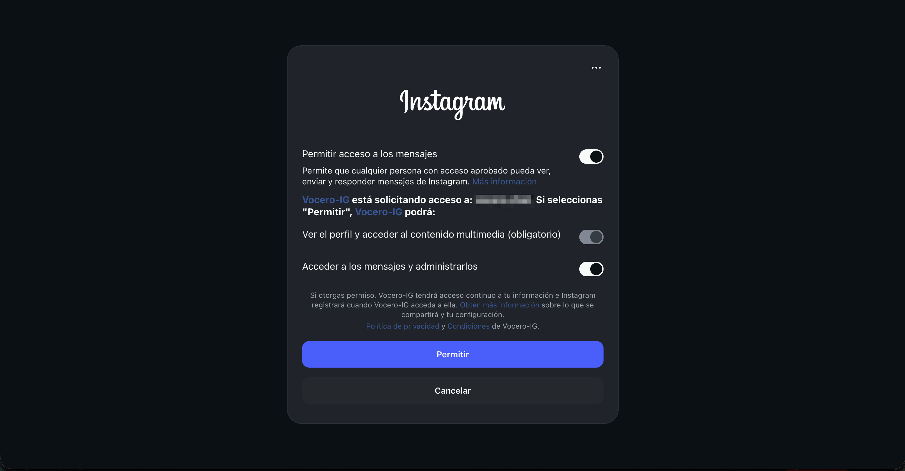 La pantalla de autorización de Instagram